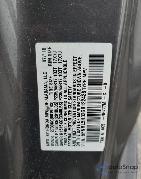 2016 Honda Odyssey Se z USA, uszkodzony, nr VIN 5FNRL5H32GB122428